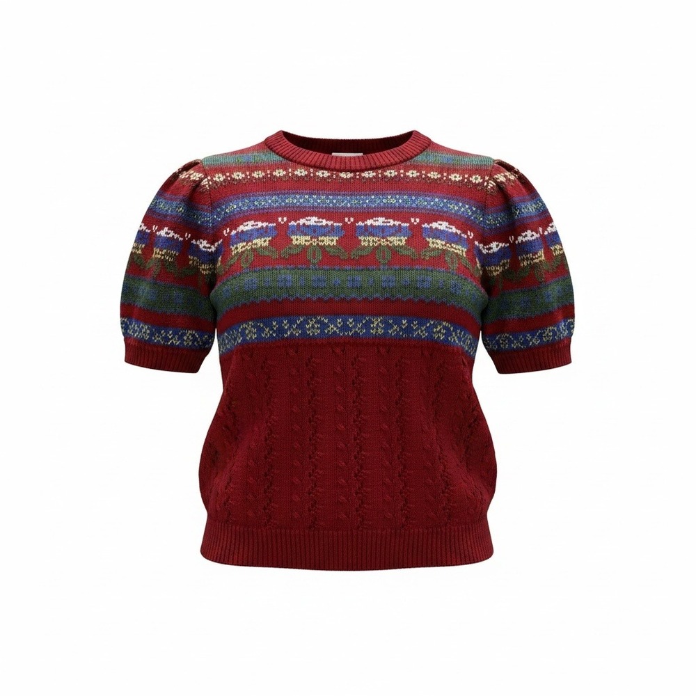 80s Holiday Sweater Loft Short Sleeve S Red Fair Isle Retro Christmas Americana